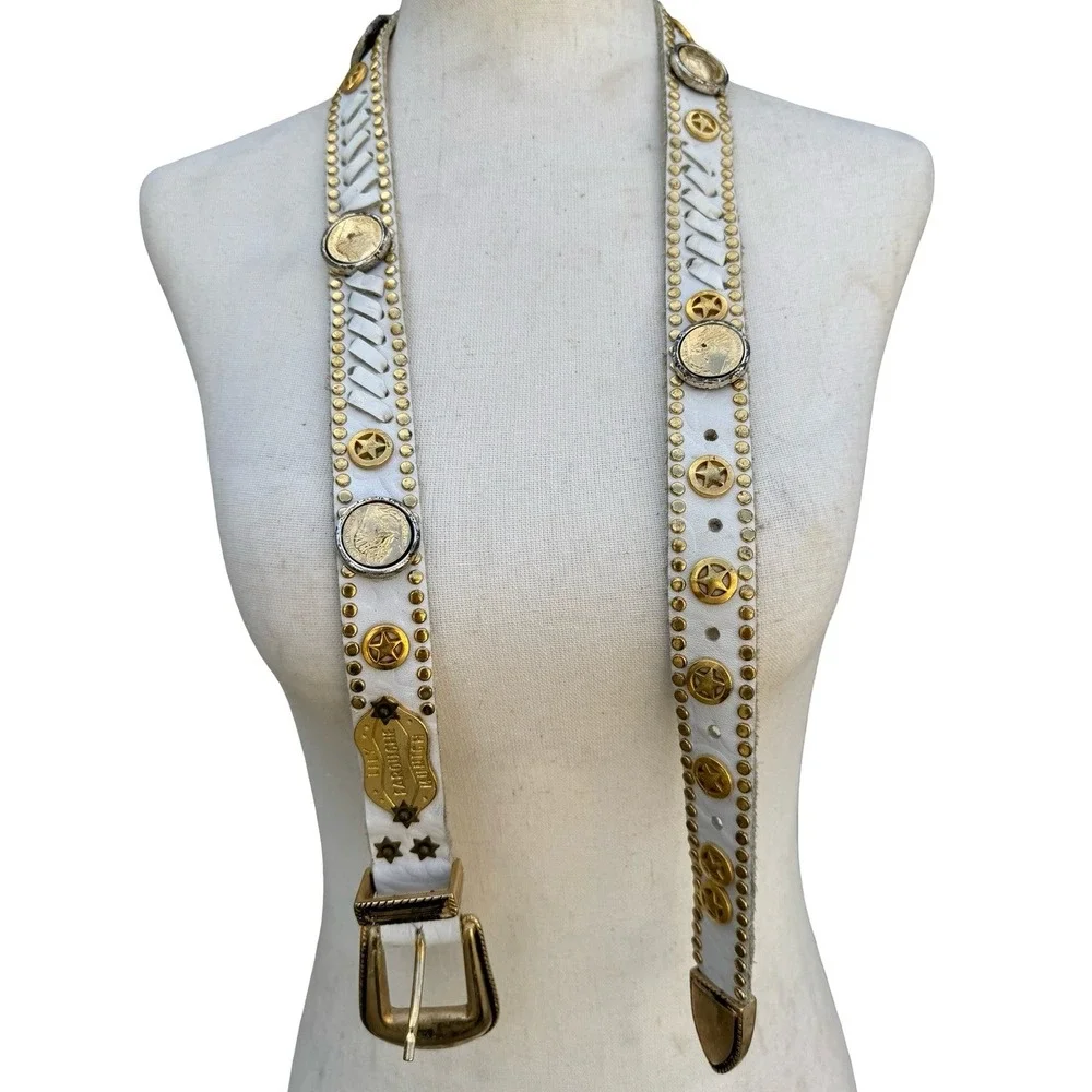 Lily Farouche‎ Munich Vintage White Leather Studded Buffalo Nickel Western Belt